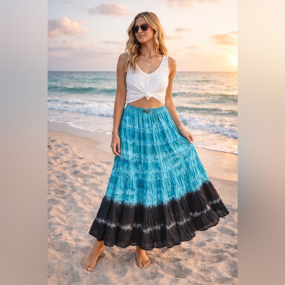 Boho Tie Dye Maxi Skirt Teal Blue Black Tiered Cotton Festival Hippie Flowy